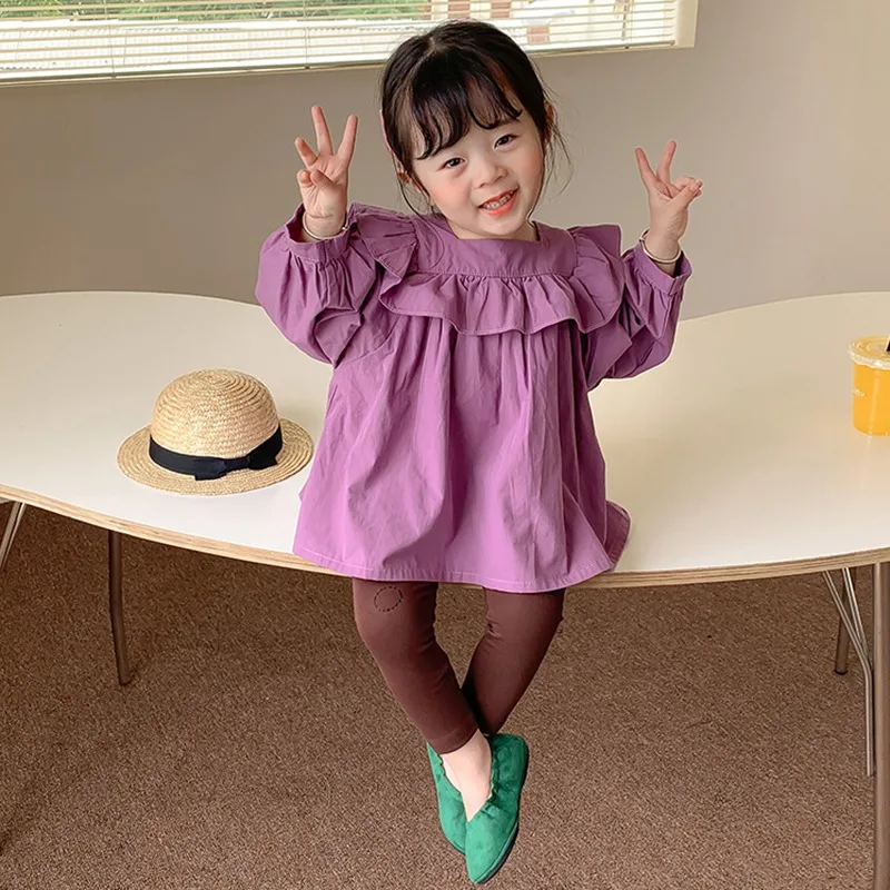 여아용 스퀘어넥 긴팔 셔츠, 풀오버 퍼프 소매, 피부 친화적이고 통기성 좋은 기본 상의, 단색