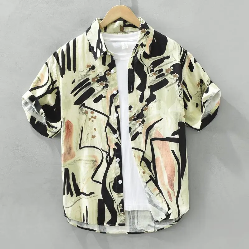 

Summer New Turn-down Collar Fashion Short Sleeve Shirt Man High Street Casual Loose Button Cardigan Personality Printing Tops