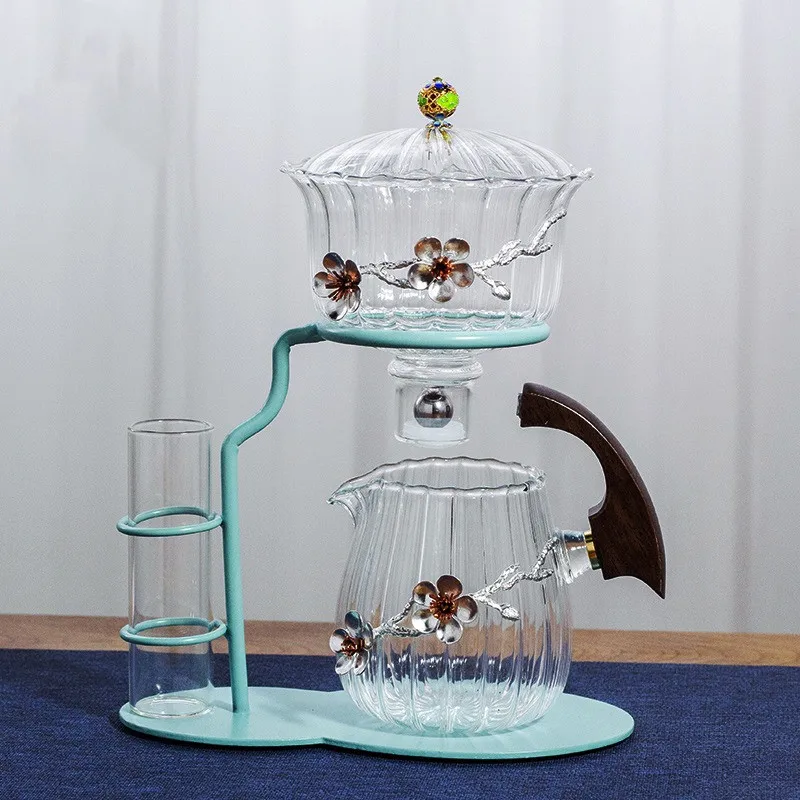 Creative flower arrangement Teapot Glass Lazy Automatic Tea Making Household Black Tea Set Infuser Drinking