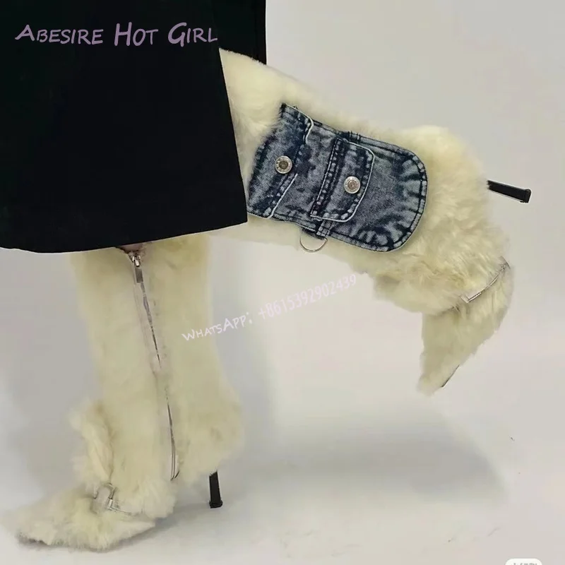 

Pure White Plush Denim Pocket Hemming Boots Knee Women Pointed Metal Buckle Trim Zip Booties Winter Loose Feather Fleece Shoes