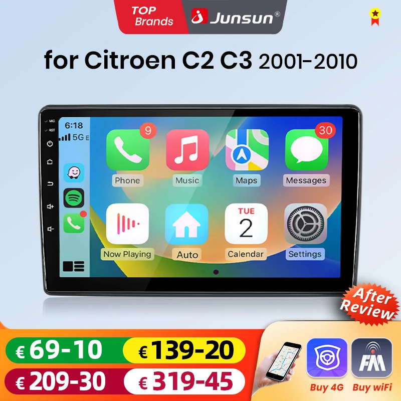 Junsun Android Auto Car Radio For Citroen C2 C3 Multimedia Wireless Apple CarPlay Smart Intelligent Systems IPS Touch Screen Stereo Video Player 2 Din Autoradio Head Unit Navigation BT GPS 4G WIFI FM AM DSP RDS SWC