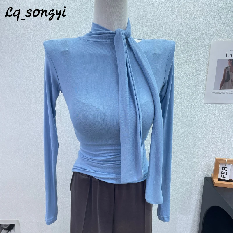 

Lq_songyi элегантные облегающие футболки с длинным рукавом, Женский весенне-осенний высокий Топ, шарф-воротник, сексуальная однотонная тонкая Базовая футболка