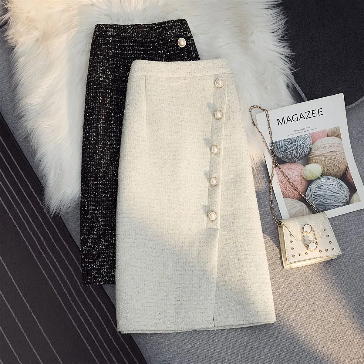

2023 Women's Autumn Winter Fashion High Waist Split Skirts Female Knee-Length Woolen Skirts Ladies Slim One-step Skirts Y500