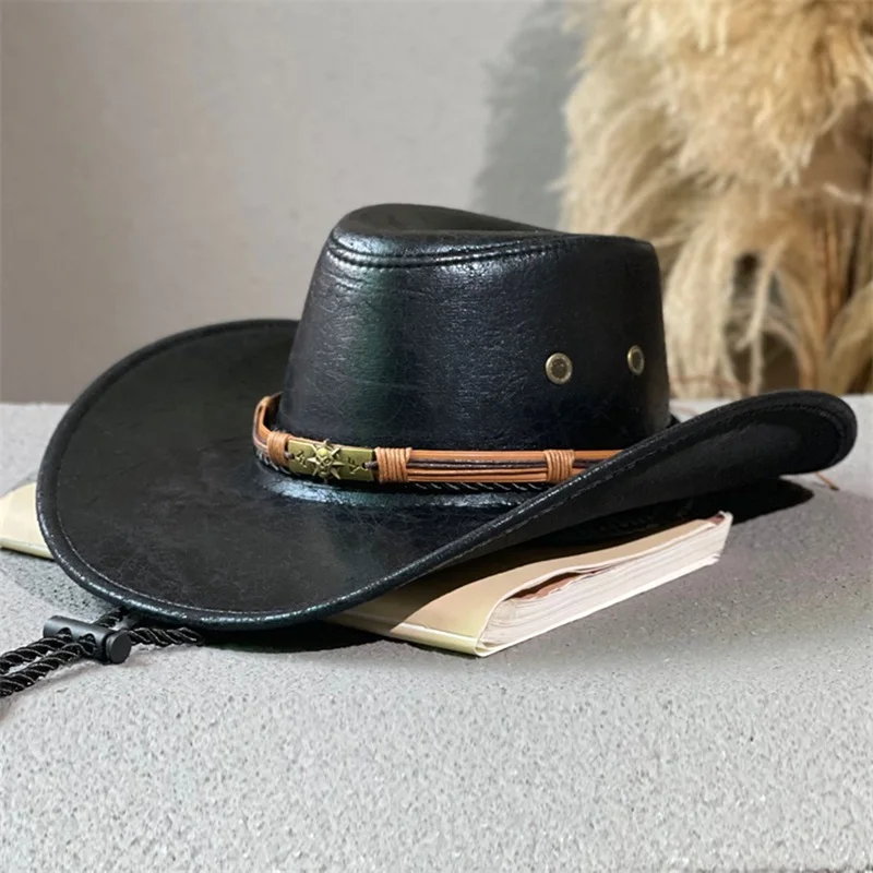 Men Women Beach Hat Western Style Cowgirl Hat Stylish Belt Design PU Wide Brim Sun
