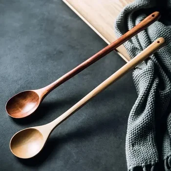 Long Wooden Teaspoons Kitchen Cooking Utensils for Soup Tea Honey Stirring Spoon Ladle Soup Spoon and Fork