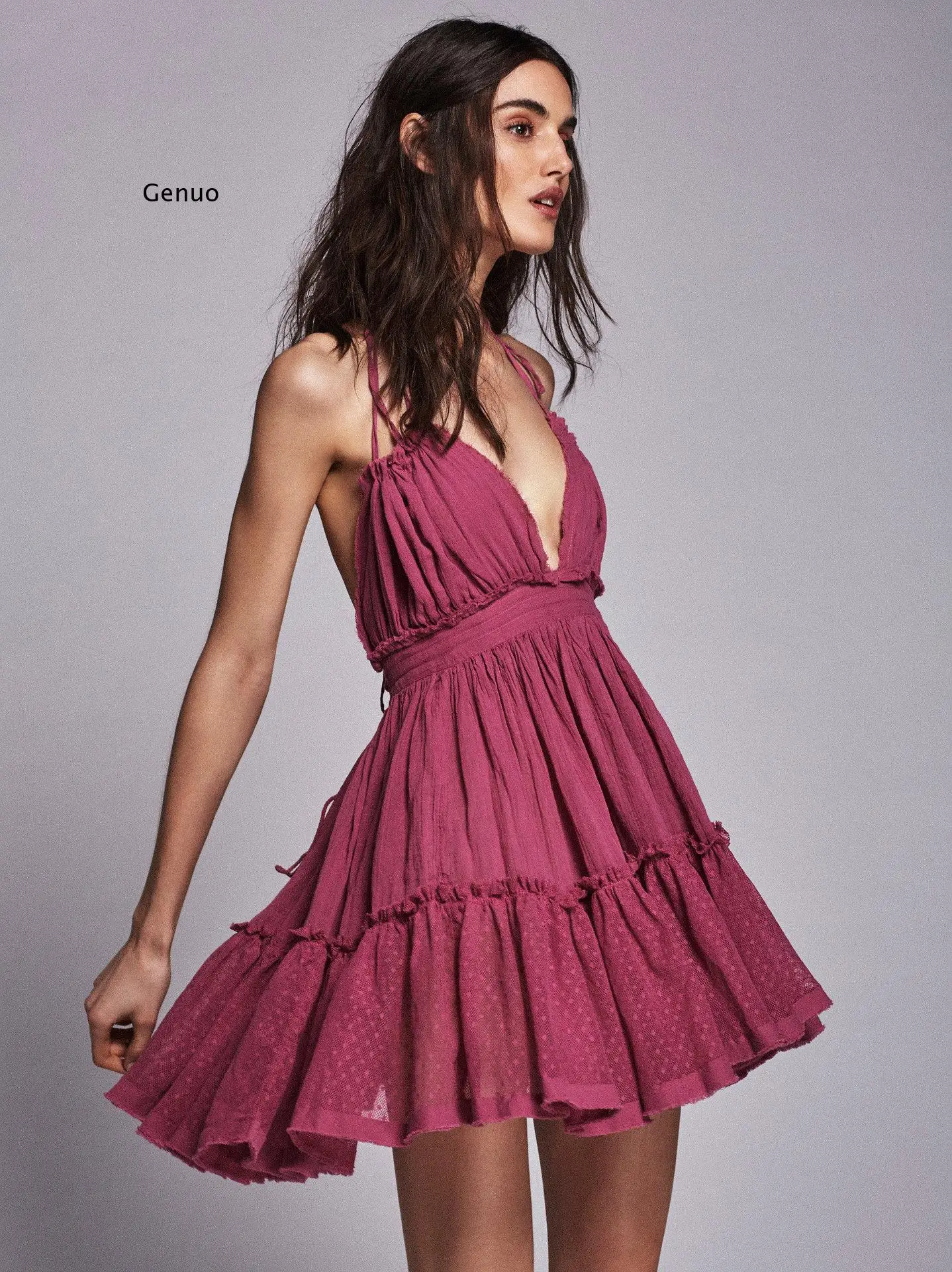 

Women Bohemian Mini Dress Backless Beach Dress Ball Gown Hippie Chic Dress Holiday Boho Strapless Sexy Summer Sleeveless V-neck