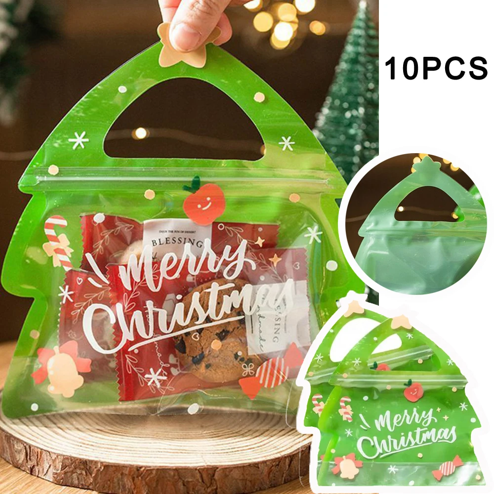 

10Pcs Creative Christmas Tree Shape Cookie Bag Merry Christmas Gift Packing Bag Party Festivals Biscuits Candy Zipper Lock Bag