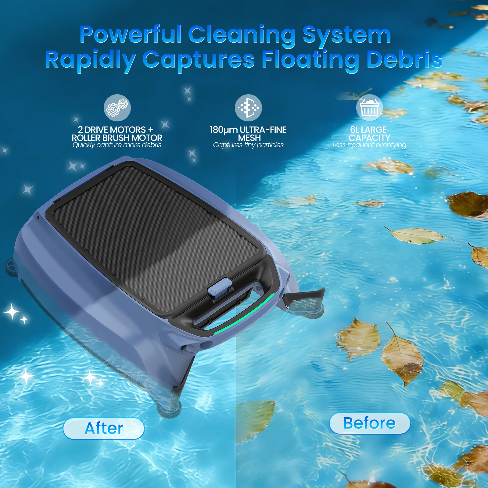 AIRROBO QT200 태양광 수영장 표면 스키머 및 필터 자동 청소 로봇 (앱 제어, 친환경)