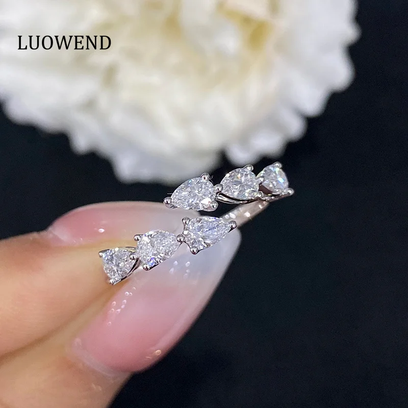 LUOWEND 18K White Gold Rings Real Natural Diamond Ring Fashion Water Drop Shape Open Ring Style Jewelry for Women Wedding Party