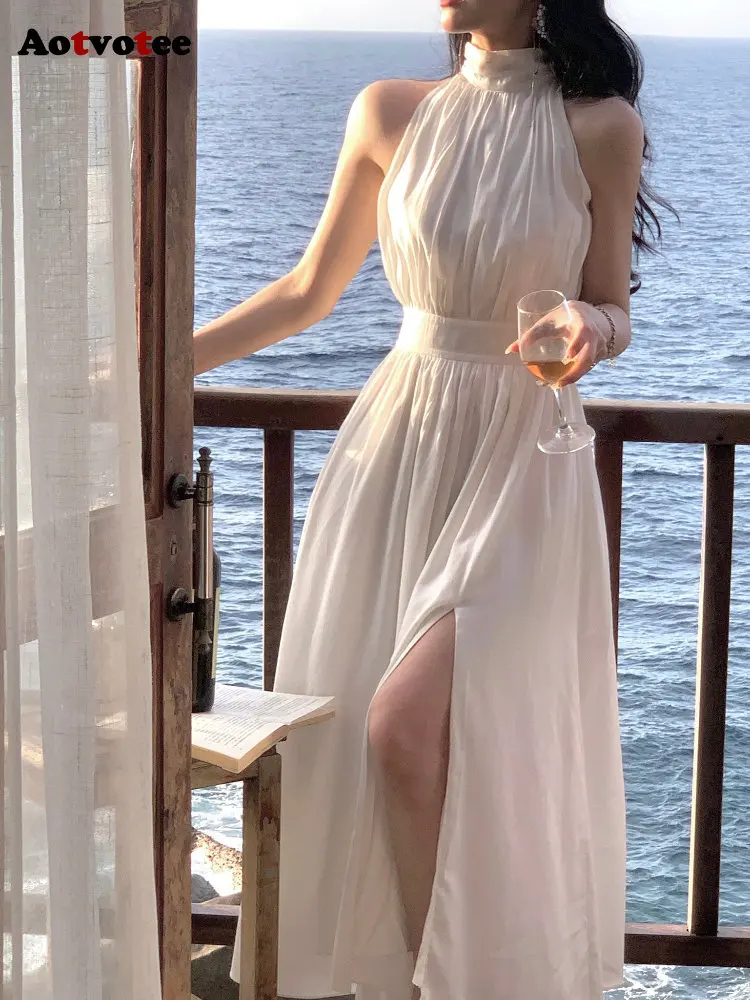 Vestido sexy maxi de chiffon con cuello halter y espalda baja Regencia Tallas Grandes