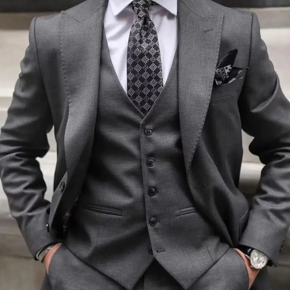 Wedding Men Dark Grey Peak Lapel Suits Business Casual Formal Costume Slim Fit 3 Pcs Set Jacket Vest Pants