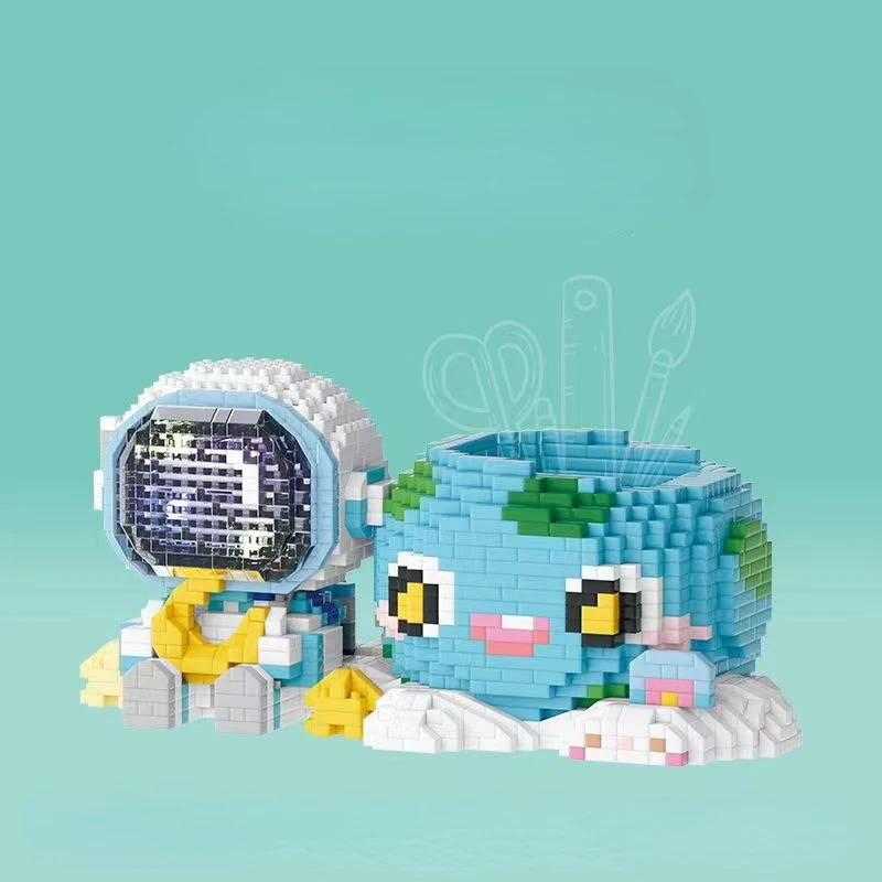 

Earth Moon Astronaut Pen Holder Small Particles Assembled Building Blocks Children Toy Gift