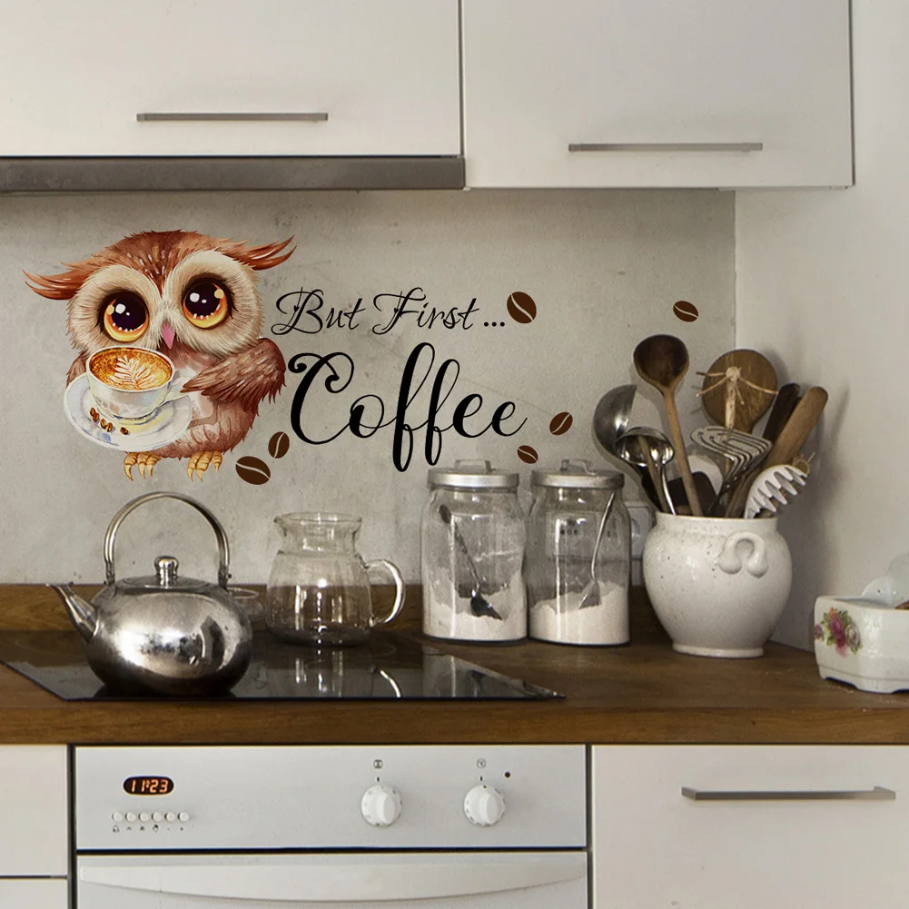 Cartoon Owl Coffee Cup Wall Stickers For Kitchen Restaurant Decoration Mural Cafe Pattern Room Home Decor Self-adhesive Wallpaper