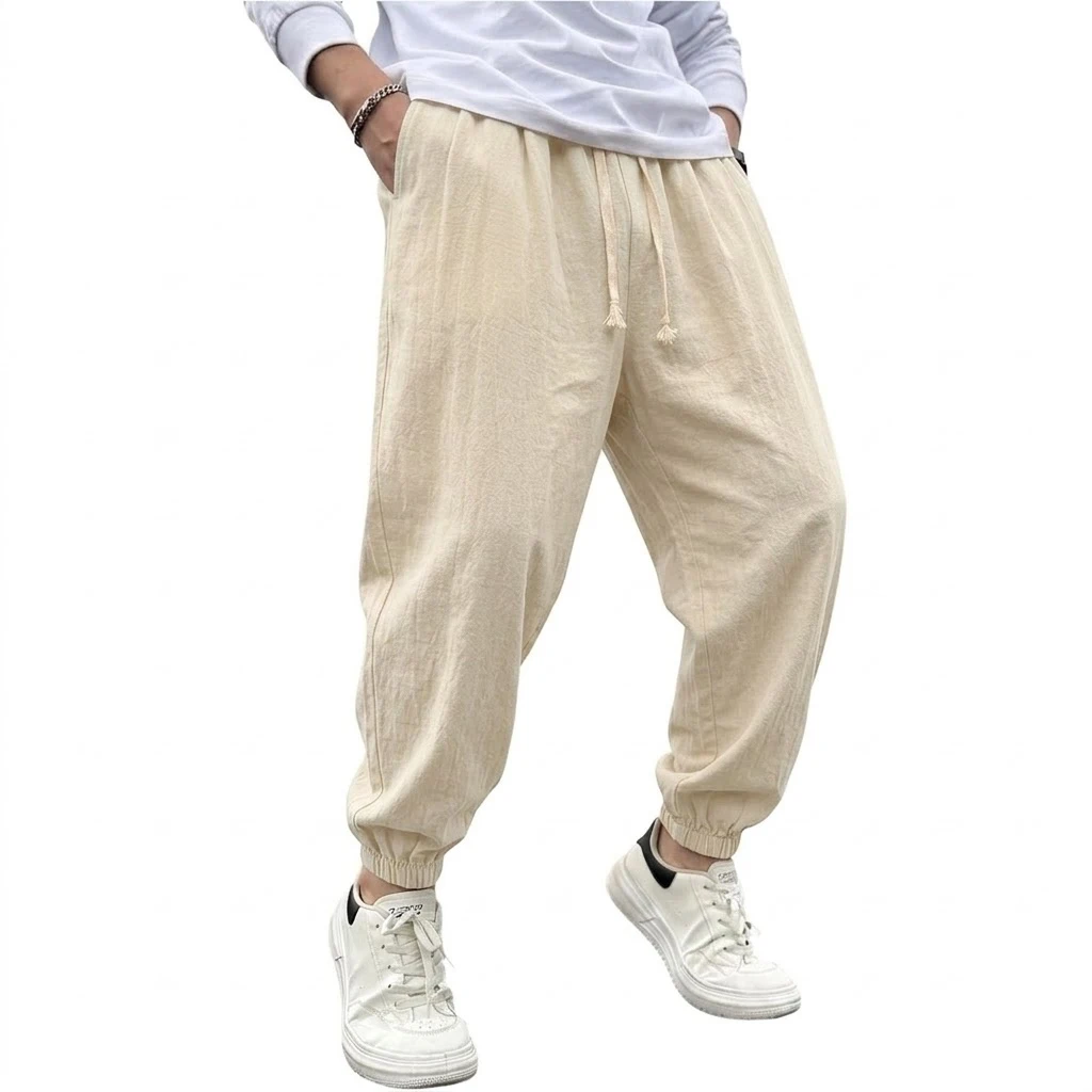 Haremshosen aus Baumwolle und Leinen, Yoga-Hosen für Herren, Einfarbige Jogginghosen, Sport-Freizeithosen für Männer, Lässige Gym-Hosen, Wanderhosen, Weite Arbeitshosen – Detail 6