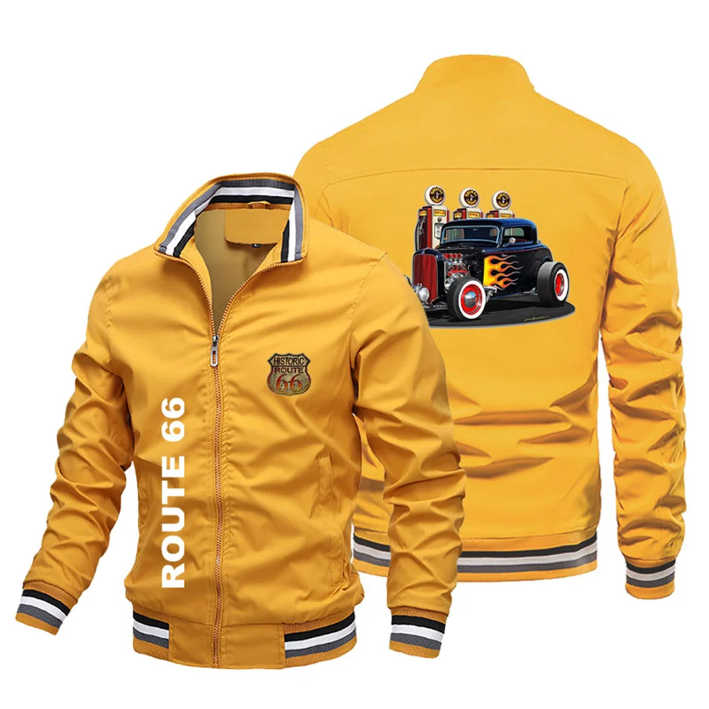 Route 66 Printed Classic Car Pattern Stand Collar Men's Jacket Coat Outdoor Sports Basketball Jacket Oversized Pilot Jacket