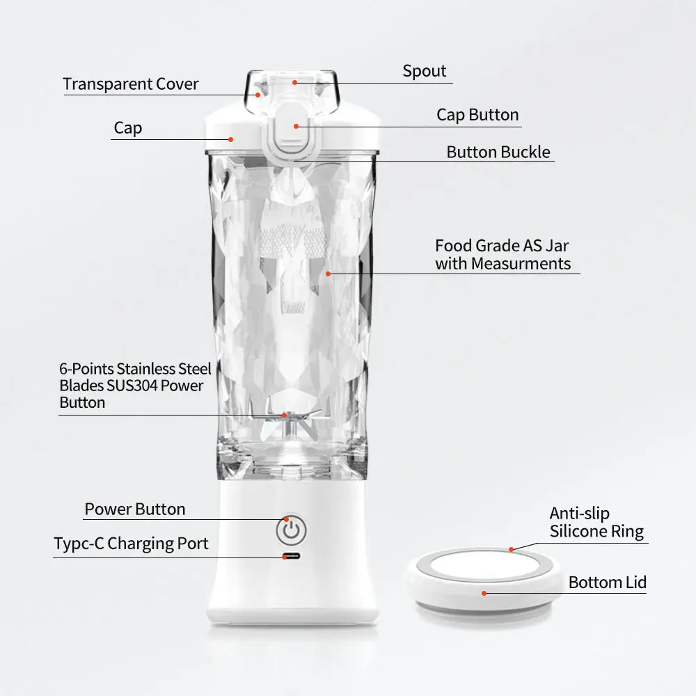 Portable Juicer Blender IPX7 Wireless Fruit Juicer USB Rechargeable 600ml Large Capacity Juice Cup for Sports 6