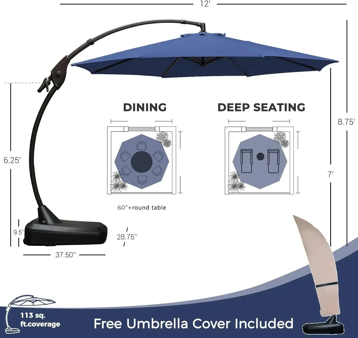 12FT Round Cantilever Patio Umbrella with Base & Cover 3
