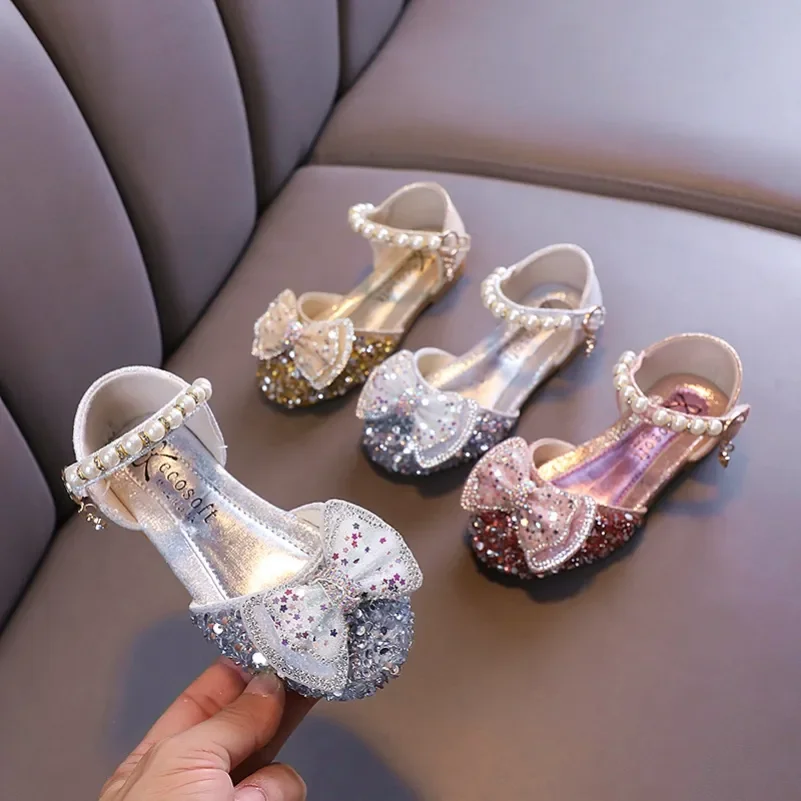 

Girl Princess Sandals Spring Summer Sandals Children Sequins Bow Leather Sandals Fashion Baby Kids Pearl Flat Non-slip