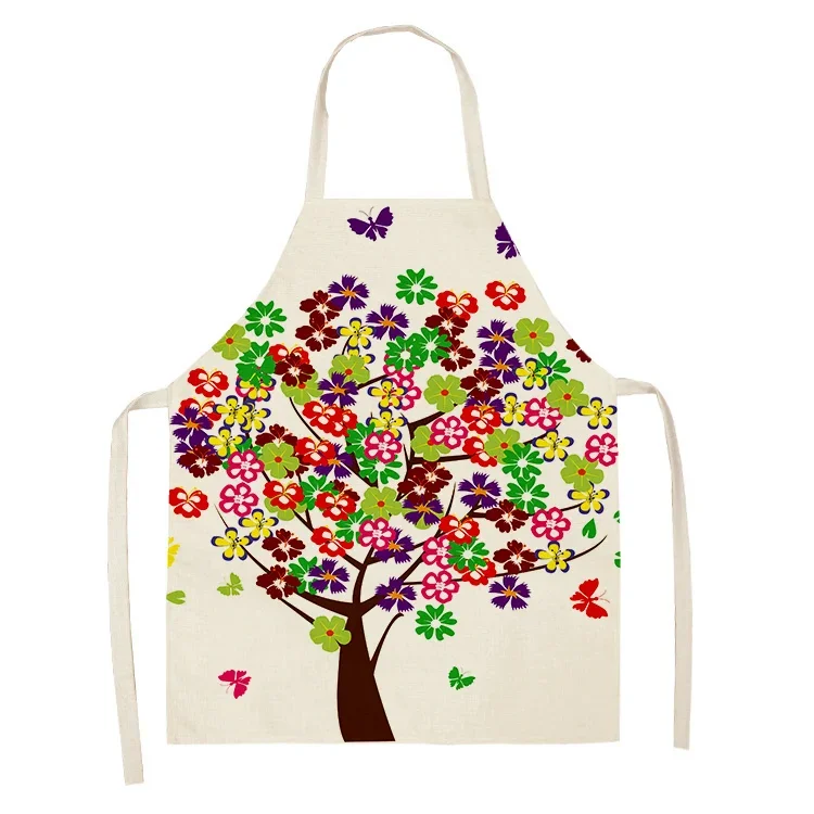 

Colorful Tree Printed Kitchen Sleeveless Aprons Cotton Linen Bibs Household Women Cleaning Pinafore Home Cooking Tablier Cuisine