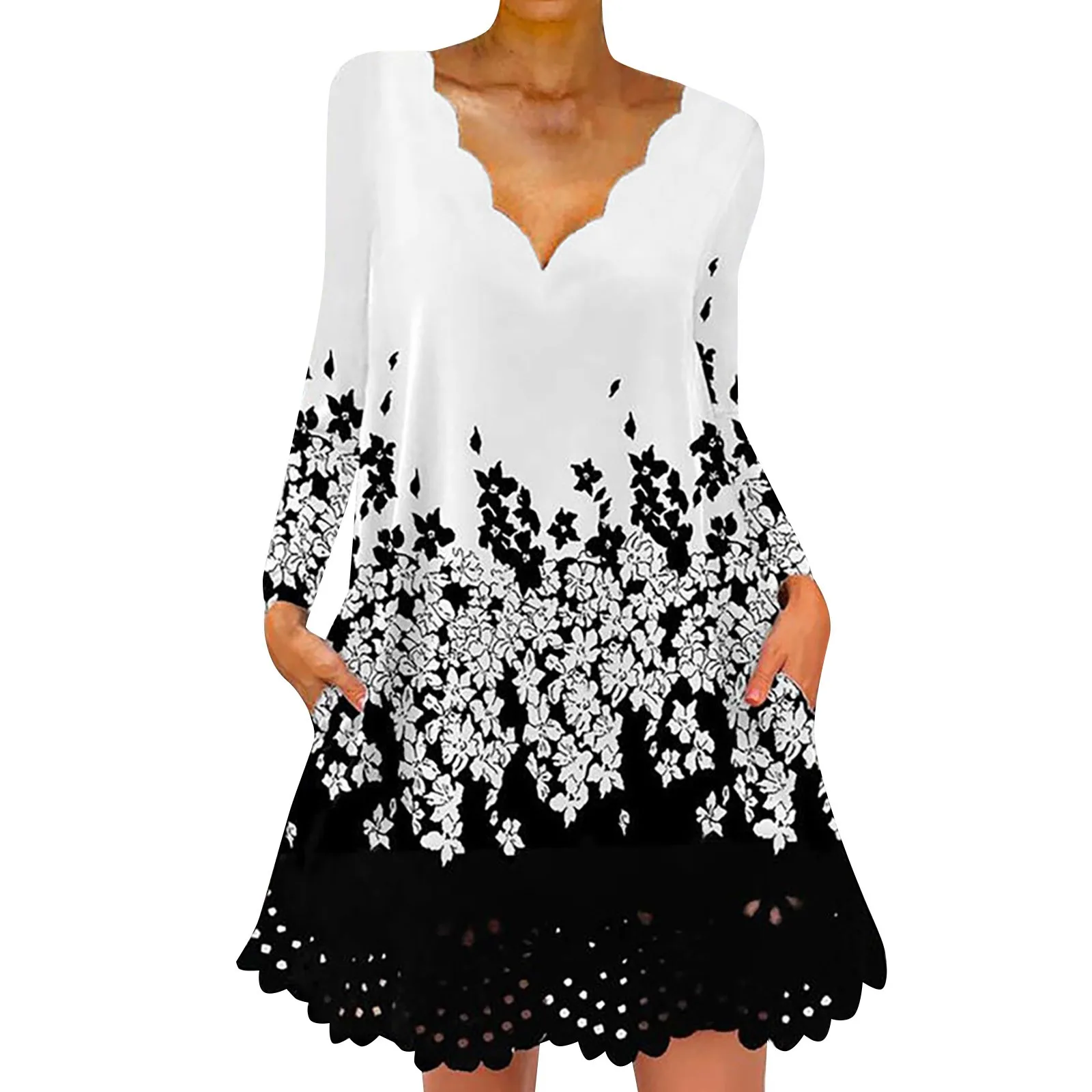 

Ladies Lace V Neck Long Sleeve Hollow Print Straight Fashion Casual Dress Floral Dresses