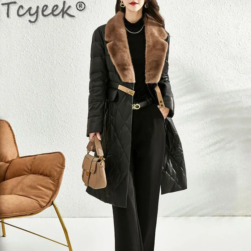 

Tcyeek Real Mink Fur Collar Coat Women Long Genuine Leather Female Jacket 2022 Black Warm Down Jackets Jaqueta Feminina Inverno