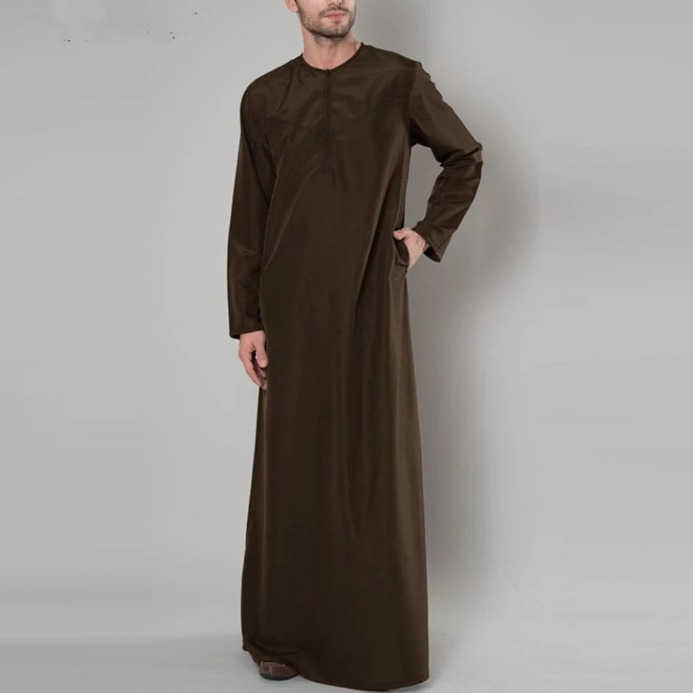 Male Long Shirt Muslim Personalized Solid Color Arab Thobe Comfortable Cotton Kaftan Robes Long Shirt Long Sleeve