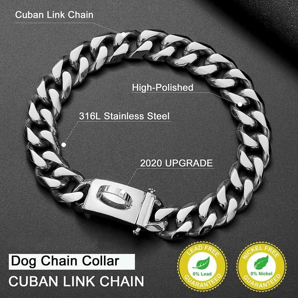 Catena A Strozza Per Cani In Acciaio Inox 19 Mm – Collare A Maglie Cubane Con Finitura Oro 18K – Resistente E Regolabile Per Pit Bull, Mastino E Bulldog