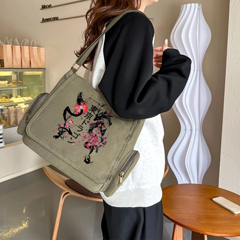 Japanese Canvas Bag Large Capacity Vintage Dragon Print Shoulder Bag Canvas Crossbody Messenger Bag Unisex Commuting