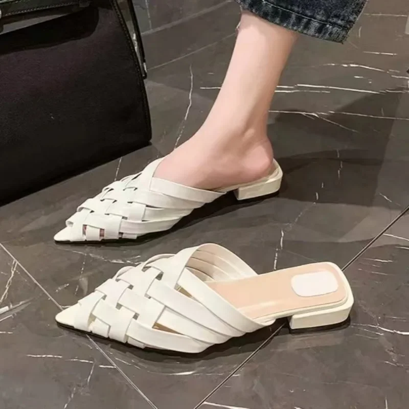 

Сандалии женские из плетеной кожи, повседневная обувь в римском стиле, плоская подошва, модные летние удобные тапочки, 2024