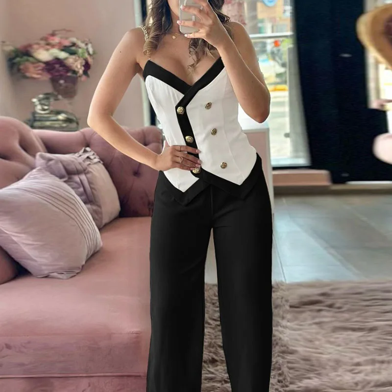 

Elegant Deep V-neck Suspender Top & Straight Pant Suit Women Sexy Sleeveless Slim 2Pc Outfits Fashion Button Contrast Color Sets