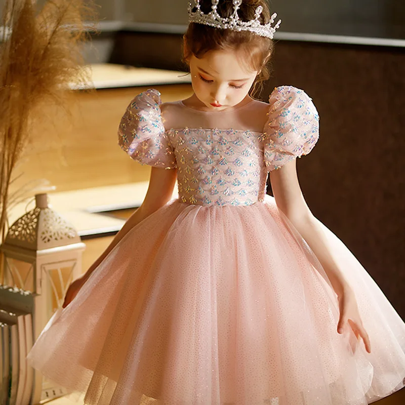 

Girls Princess Dress Shiny Sequin Baby Kids Birthday Party Dresses Children Puff Sleeve Mesh Tutu Dress Kids Wedding Clothes New