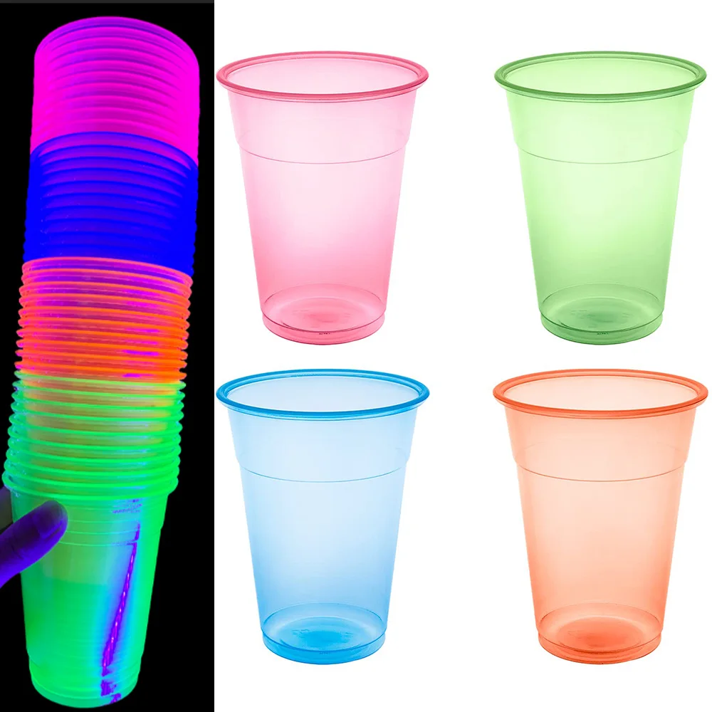 40 Stück Party Essentials Partybecher aus weichem Kunststoff, 12 Unzen, Becher, verschiedene Neon-Glühbecher unter UV-Schwarzlicht-Neonbecher aus Kunststoff