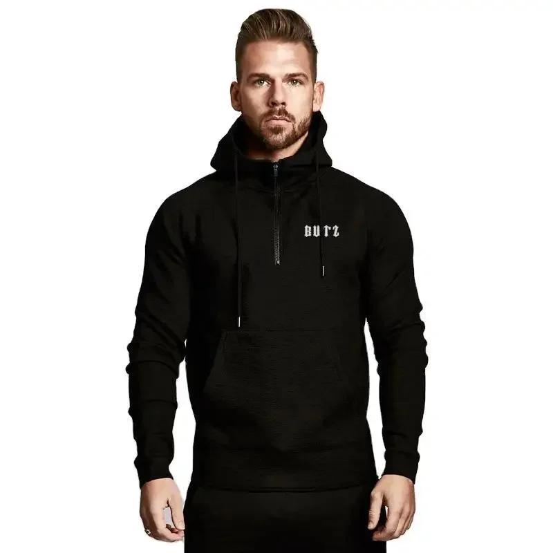Fall Fitness Hoodie Men's Overhead Gym Running Training Clothes Trendy Brand Half Zip Jacket Comfortable Sportswear Hooded