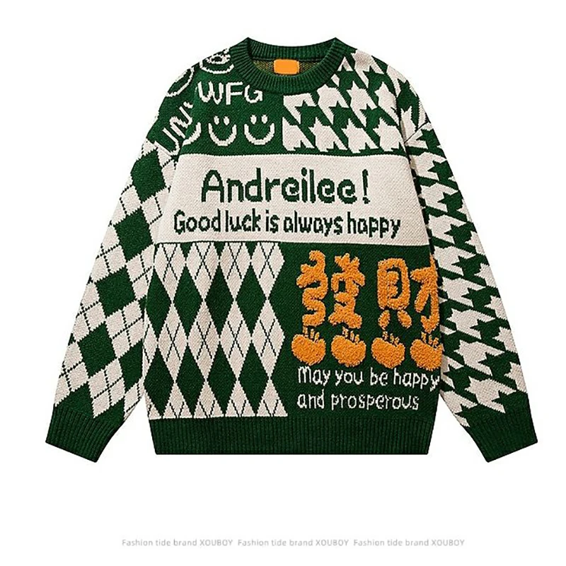 Hip Hop Spring Autumn Men O Neck Long Sleeve Sweaters Fashion Argyle Print Lucky Healthy Oversized New Year Knitted Pullover Top