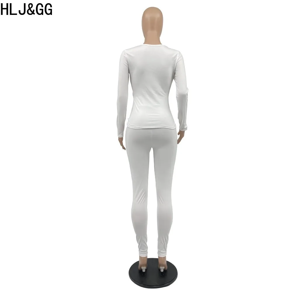 HLJ&GG Casual Solid Skinny Pants Two Piece Sets Women U Neck Long Sleeve Top And Pants Tracksuits Spring New Elasticity Outfits