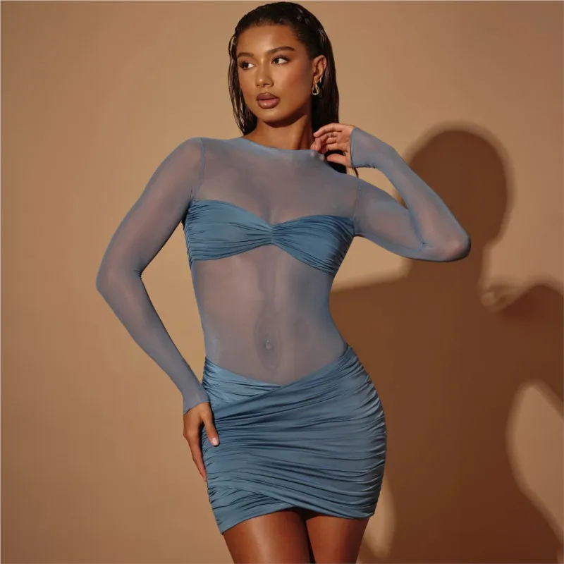 

Cover Up Dress Women Summer Beach Outfits Suit 2024 New Mesh Slim Long Sleeve Fold Solid Spandex Pareos Free Shipping Sexy Wear