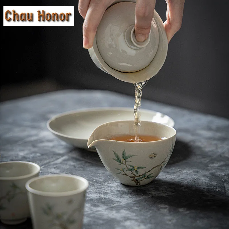 170ml Chinese Ru Kiln Porcelain Gaiwan Hand-painted Osmanthus Tea Tureen Tea Brewing Cover Bowl  Ice Cracked Glaze Teaware Gift