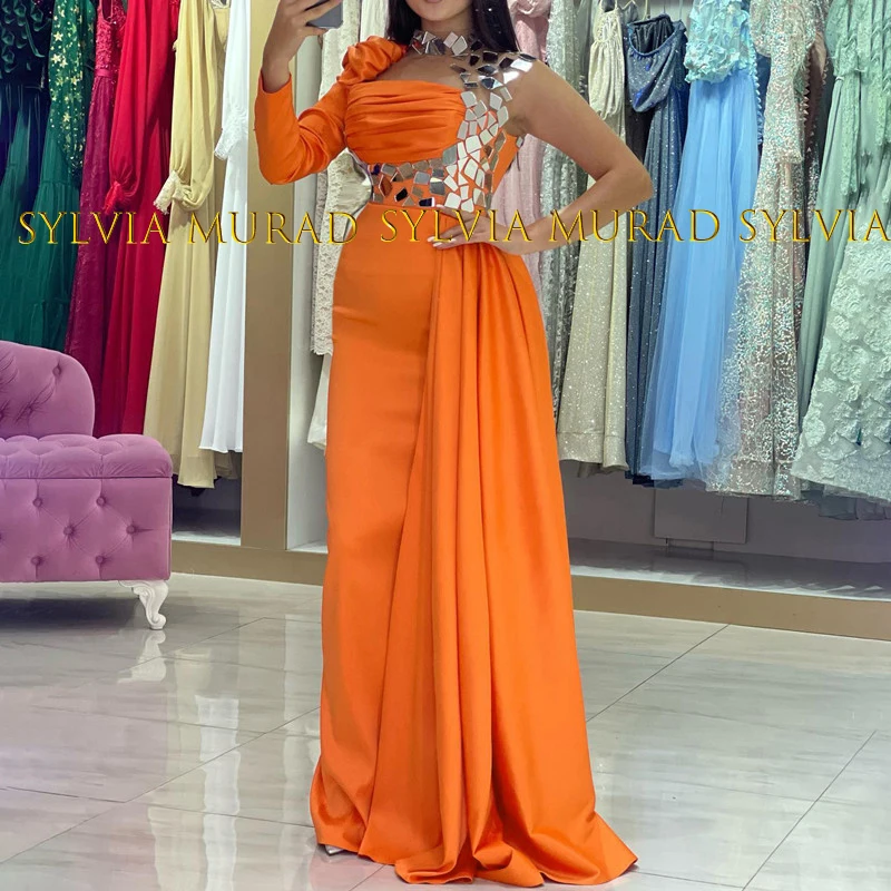 

Stylish Mermaid Evening Dress With Single Long Sleeves Sequins Sheath Streamer Women Formal Party Dress Gown