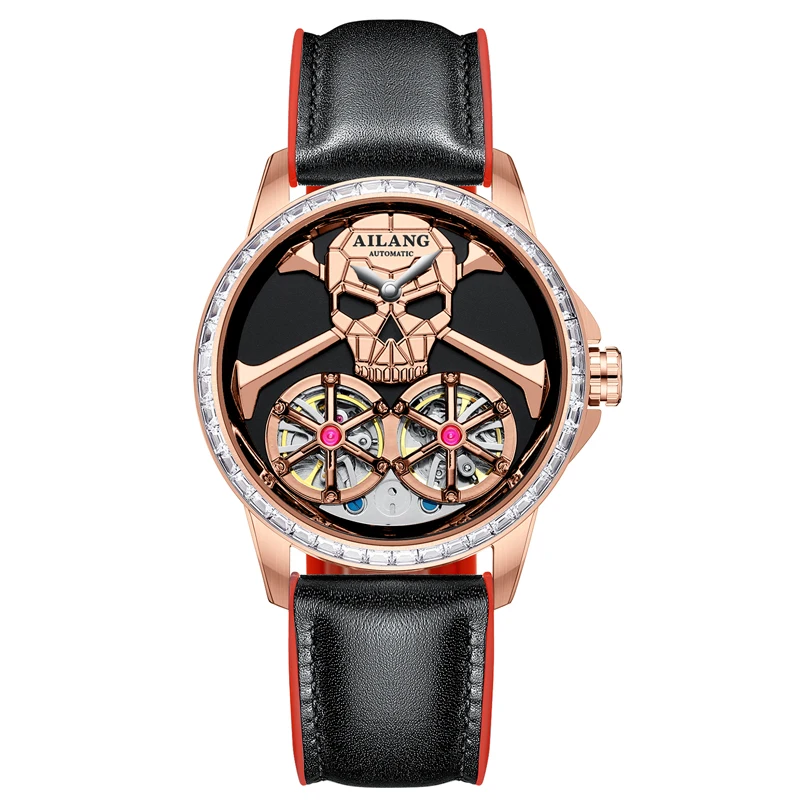 Luxuriöse mechanische Herrenuhr mit Totenkopf-Motiv in Roségold, hochwertiges Lederarmband, 30 m wasserdicht, automatische Doppeltourbillon-Uhr_voghion.com
