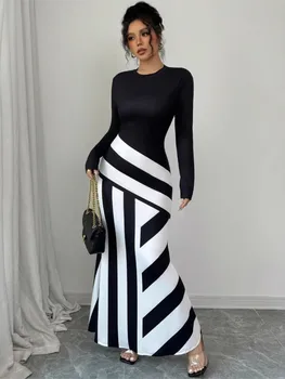 Sexy Women's Maxi Dresses New Autumn Streetwear Fashion Black White Patchwork Casual Slim Dress Elegant Knitted Dresses Clothing