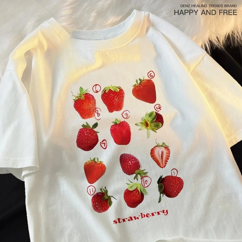Strawberry Print Womens Summer T-Shirt - Harajuku Loose Fit Tee