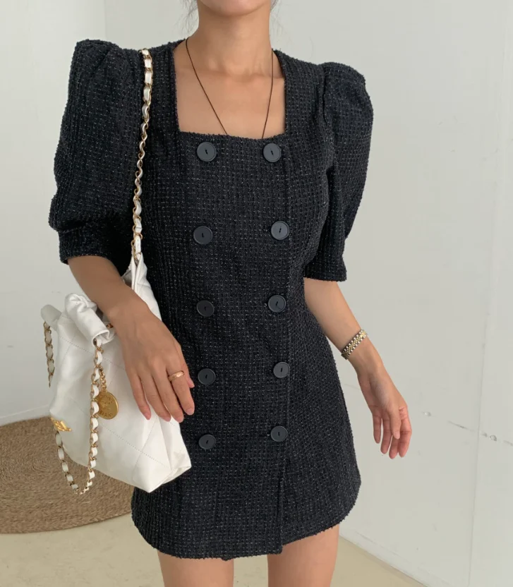 

Женское твидовое платье в Корейском стиле, маленькая пышная двубортная тонкая юбка с квадратным воротником в стиле ретро