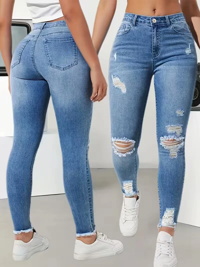 Women's Jeans and Pants High Waist Ripped Stretch Skinny Ankle Length Slim Fit Trendy European Style  Fashion Comfortable