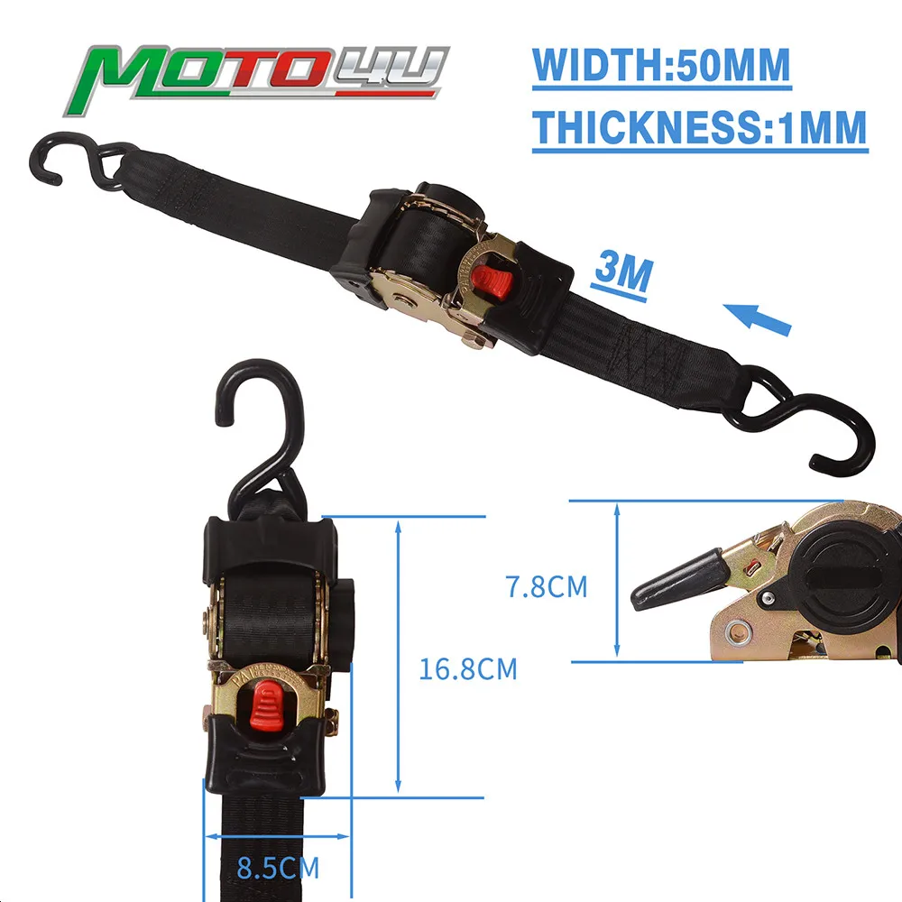 Sangle à cliquet rétractable automatique, 50mm x 3m, double crochet en S,  arrimage de cargaison vers le bas, moto, véhicule tout-terrain, remorque de  kart de bateau, 1PC
