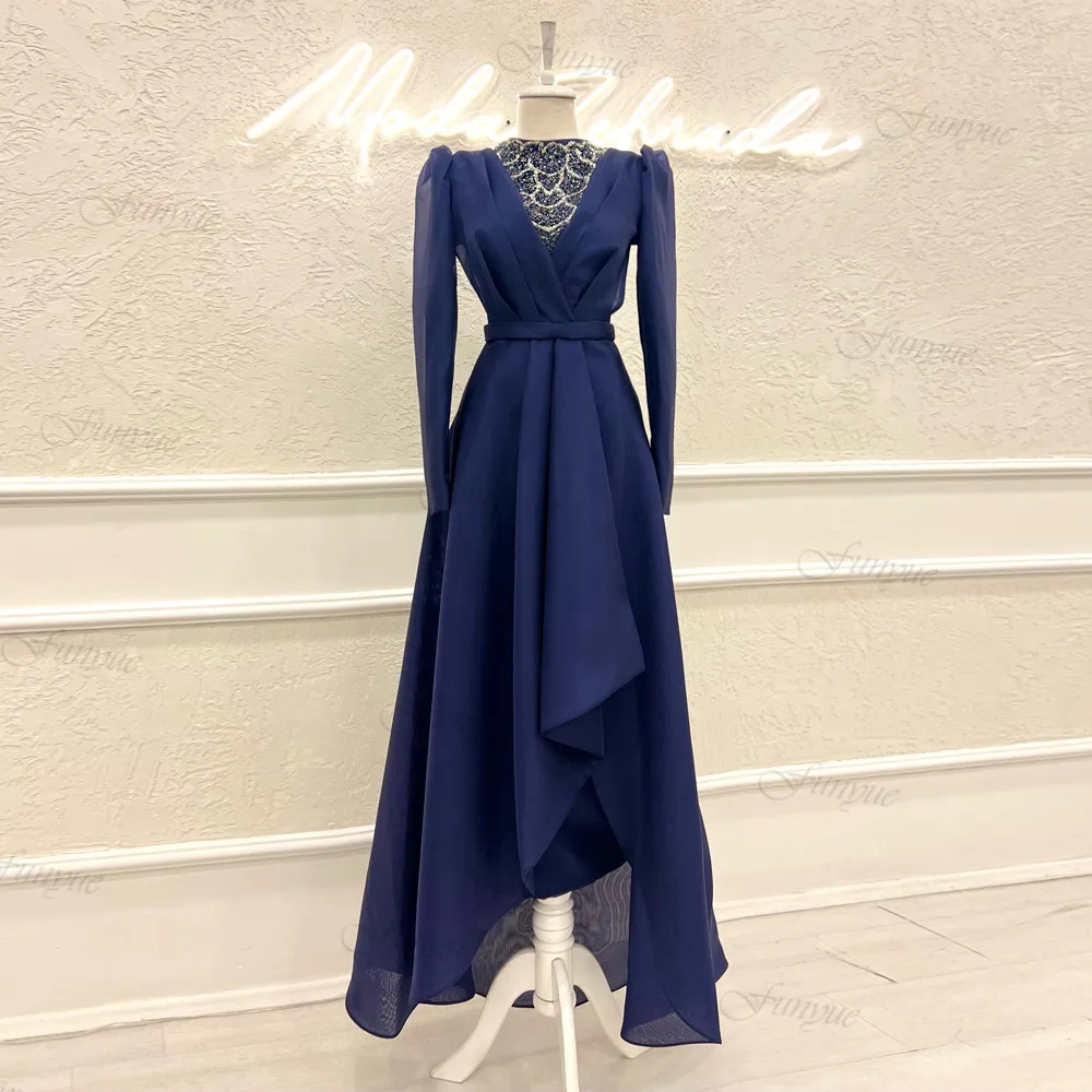 

A-Line Navy Blue Prom Dresses 2023 Luxury Formal Party Gown with Sleeves Beading Crystal Tulle Evening Dress Dubai abiye