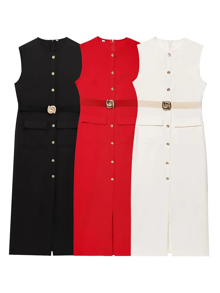 HH Women Elegant Solid Dress Back Zipper O Neck Sleeveless Dresses With Belt 2025 Summer Casual Office Lady Dress Vestidos
