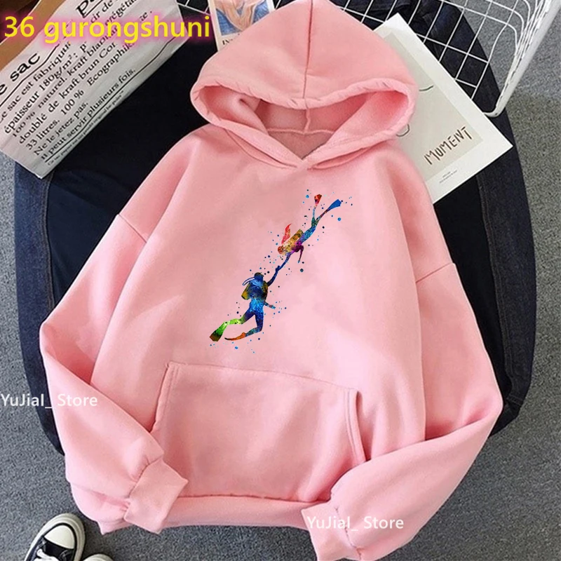 New Arrival 2022 Watercolor Scuba Diving Lover Print Cap Hoodies Women Fashion Sport Art Sweatshirt Femme Pink/White/Gray Coat tb thom men s sweaters 2022 winter new arrival luxury brand hoodies 4 bar stripes patchwork coats casual hooded sweatshirts