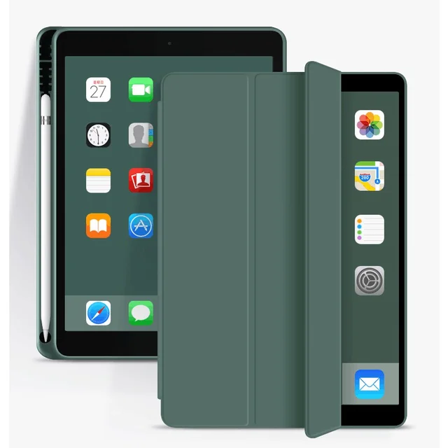 Case For 2021 iPad 10.2 7 8 9th 2018 2017 9.7 5th 6th Mini 5 2021 Pro 11 10.5 Air 3 4 Smart Cover With Pencil Holder Generation Midnight Green