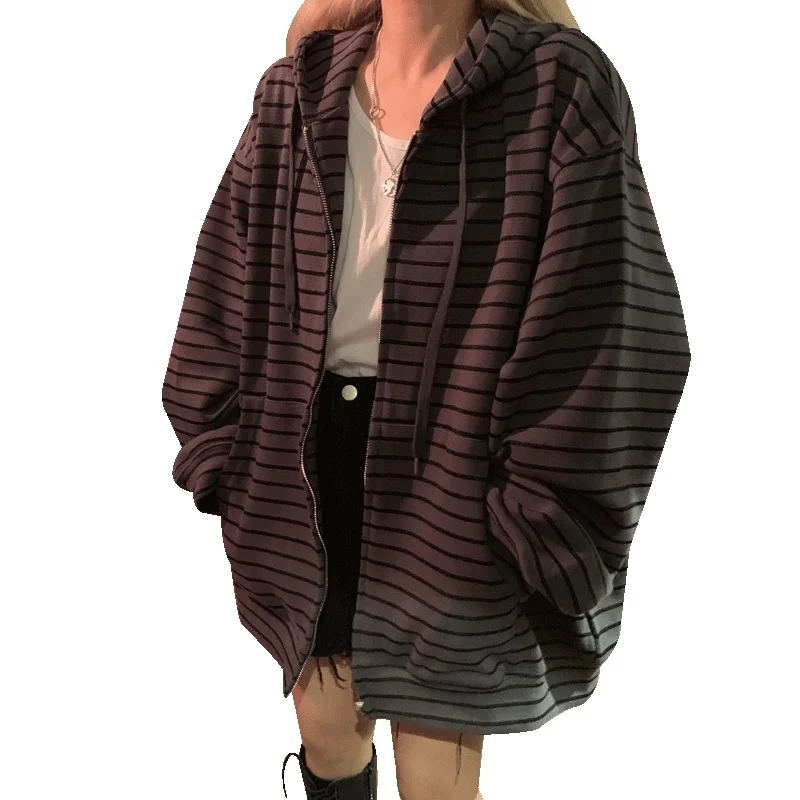 

Autumn Spring Long Sleeve Oversized Sweatshirt Harajuku Vintage Striped Zip Up Hoodies Women Korean Grunge Emo Alt Streetwear