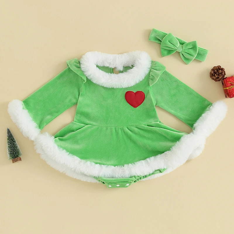 

2023-08-16 Lioraitiin 0-24M Infant Baby Girls Christmas Romper Dress Green Monster Long Sleeve Patchwork Jumpsuit Bow Headband